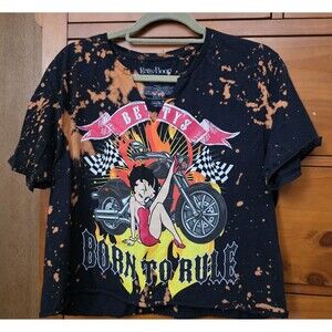 Betty Boop Graphic T-Shirt Size Large Bike BORN TO RULE Black Crop Acid Dye